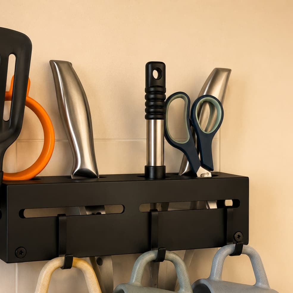 Kitchen rack with mugs and utensils