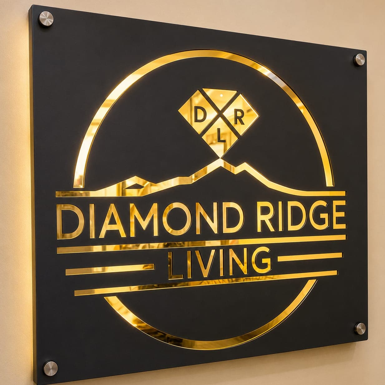 The Diamond Ridge Living brass sign in the lobby
