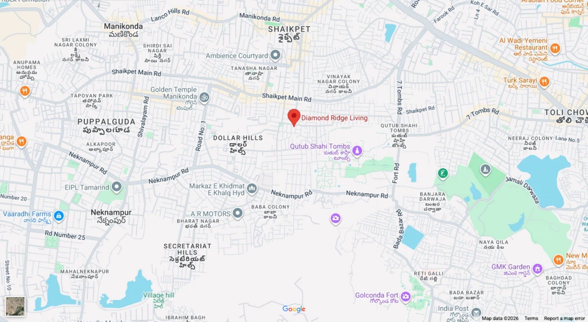 Google Map showing Diamond Ridge Living near the Qutub Shahi Tombs, Hyderabad